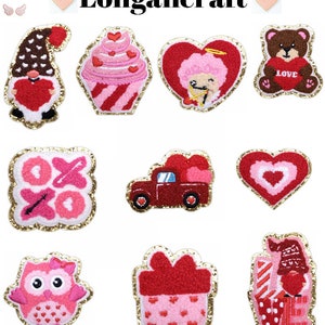 May include: Set of ten Valentine's Day iron-on patches featuring a variety of designs, including a heart with an angel, a cupcake, a gnome, a teddy bear, a truck, a heart, an owl, and a gift box. The patches are made of felt and have a glittery gold trim.