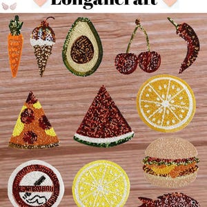 May include: A collection of beaded food patches, including a carrot, ice cream cone, avocado, cherries, chili pepper, pizza slice, watermelon slice, orange slice, a burger, a lemon slice, a fish, and a no smoking sign. The word "Longancraft" is at the top.