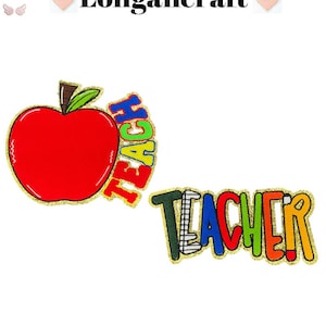 Parche bordado de chenilla para profesores, parches de manzana, parche con letras con purpurina, parches termoadhesivos