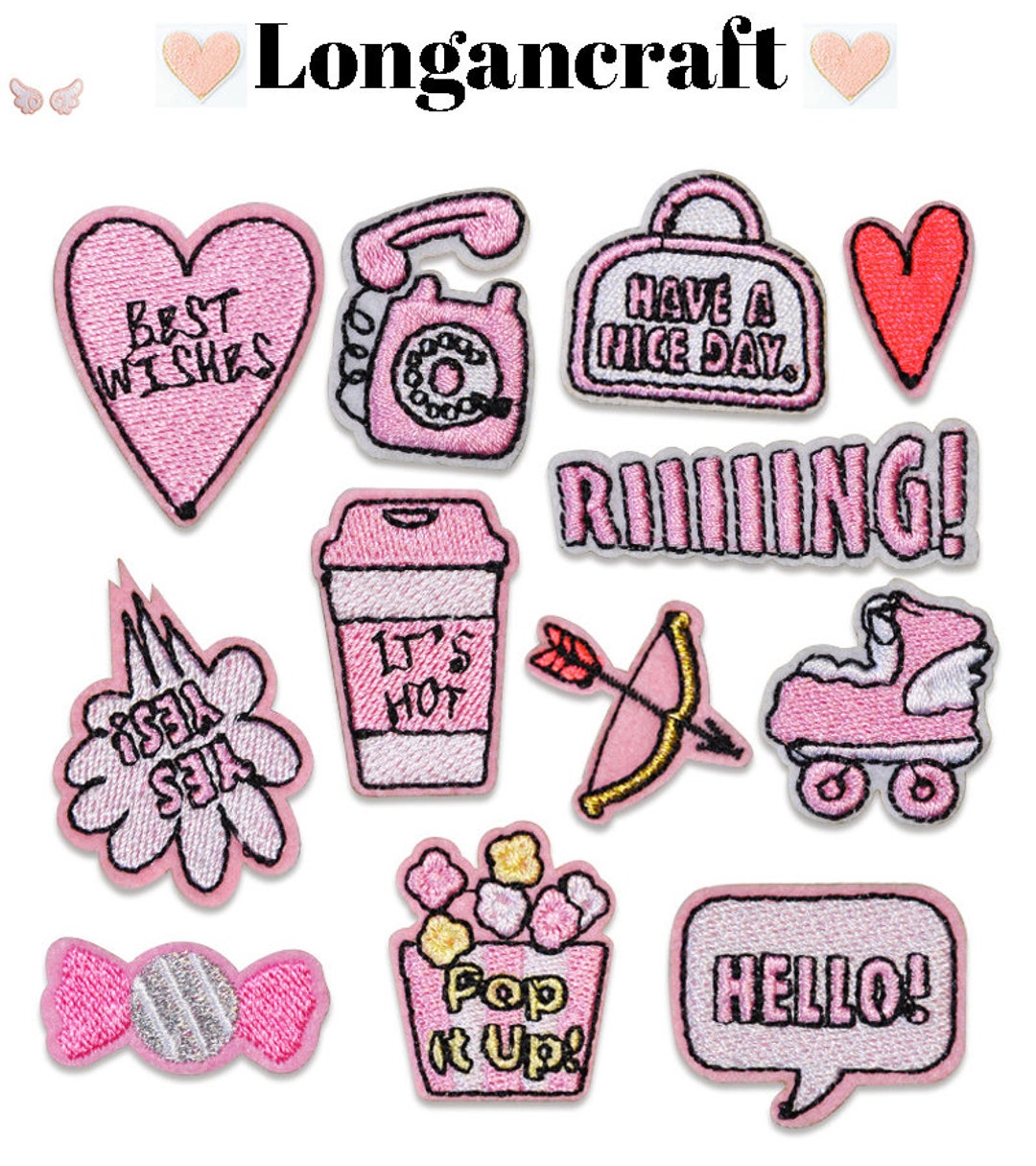 Pink Iron on Patch, Heart, Popcorn, Coffee Embroidered Patches, Clothes ...