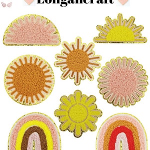 May include: A set of nine iron-on patches featuring various sun and rainbow designs in pink, yellow, orange, and brown. The patches have a fuzzy texture and gold glitter trim.