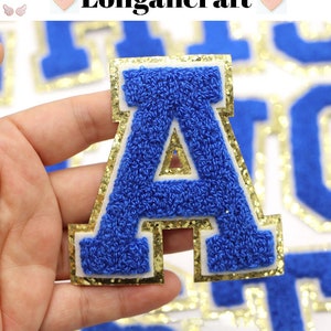 Deep Blue Letter Chenille Embroidered Patch, 3.1 Inch Gold Glitter Iron On Embroidered Patch, DIY Name Alphabet Patches