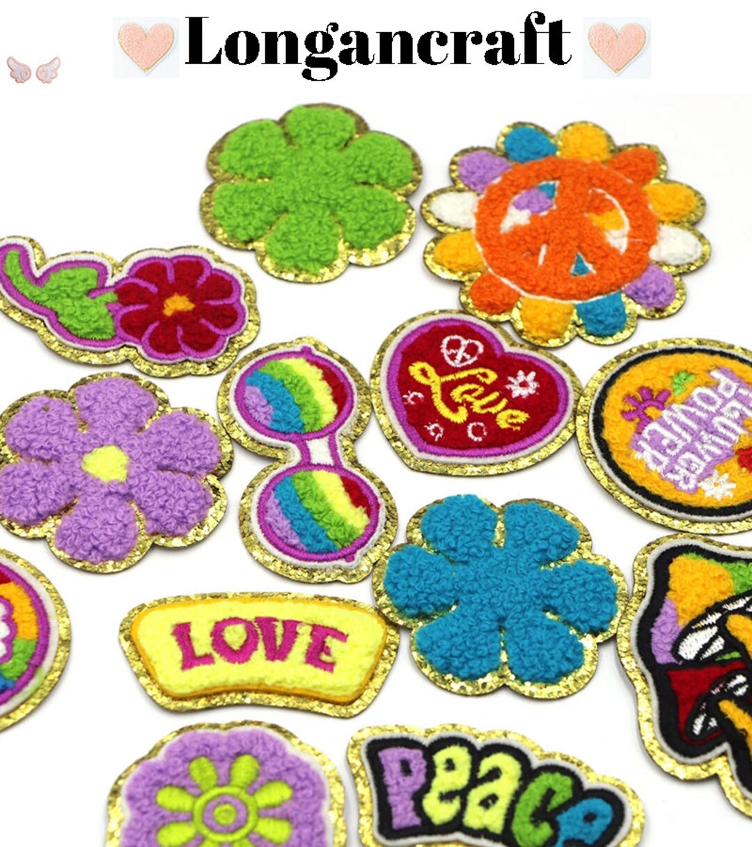 Flower Love Chenille Embroidered Patch, Mushroom Patch, Gold Glitter