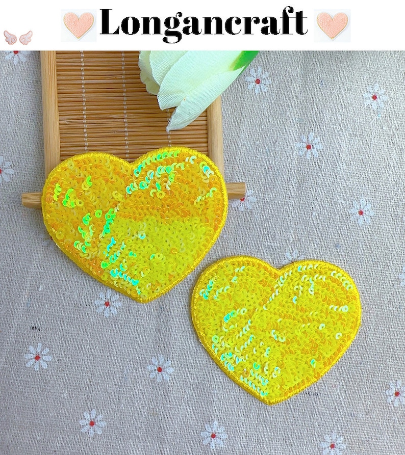 Color Heart Sequined Iron On Patch, Glitter Sequins Patch, Iron On Patch yellow