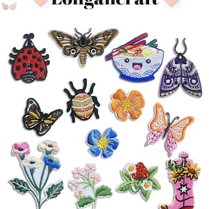 May include: A set of 14 colorful embroidered iron-on patches featuring various designs, including butterflies, bugs, flowers, and a cartoon bowl of ramen noodles. The patches are perfect for adding a touch of whimsy to clothing, bags, or other fabric items.