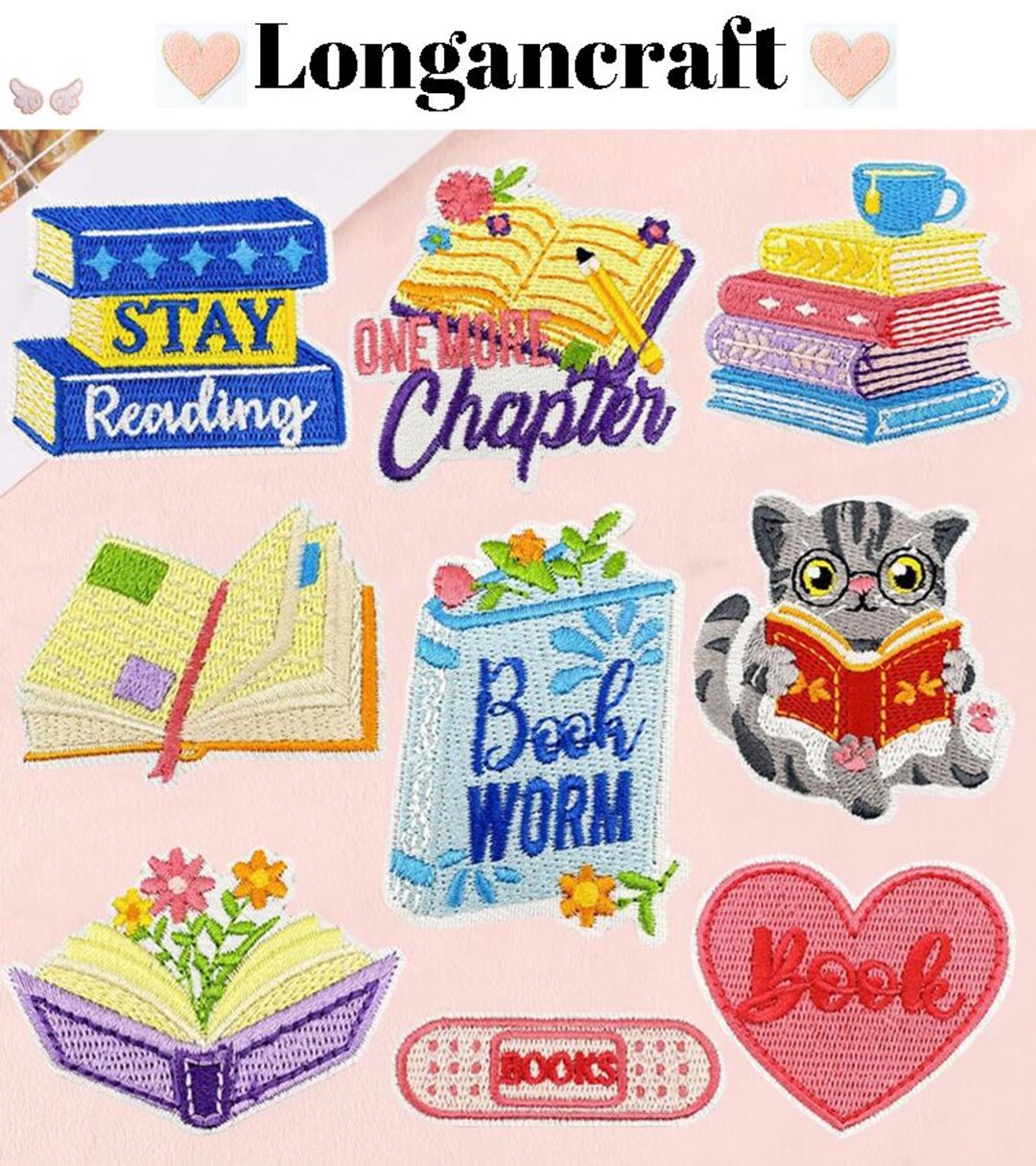 Bookish Embroidery Iron on Patches, Cat, Coffee Cup, Flowers Patch ...