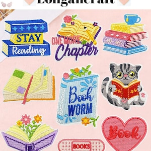 May include: Set of 10 iron-on embroidered patches featuring book-themed designs. The patches include a stack of books with a teacup, a book with the text "One More Chapter", a book with the text "Stay Reading", a book with the text "Book Worm", a cat reading a book, a book with flowers, a heart with the text "Book", and a band-aid with the text "Books".