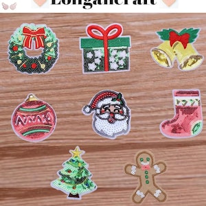 Christmas Sequin Patch, Christmas Tree Patches, Santa Claus Patch, Christmas Garland, Bell Patch, Iron On Patches