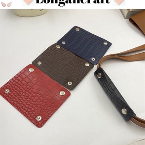 May include: Four leather patches in different colors: red, brown, dark blue, and black. Each patch has a crocodile-embossed texture and four silver rivets. The patches are arranged in a row, with the red patch at the bottom and the black patch at the top.