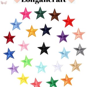 May include: A set of 24 colourful star-shaped iron-on patches. The patches are arranged in a circle on a white background. The patches are all different colours, including red, blue, green, yellow, orange, pink, purple, and black.