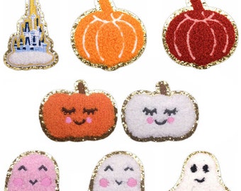 Pumpkin Chenille Glitter Patch, Ghost Patch, Castle Patch, Halloween Patch, Gold Glitter Embroidered Patch, Iron On Patch