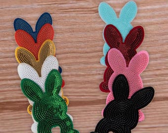 Conjunto de 2 Apliques Termocolantes Bordados com Lantejoulas em Formato de Coelho, Apliques de Coelho, Apliques de Páscoa para Camisas