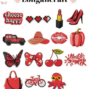 May include: A set of 14 red iron-on patches featuring various designs, including a butterfly, a bow, a cherry, a car, a hat, lips, a pepper, a handbag, a bicycle, an octopus, a lipstick, high heels, a heart, and the words "choose happy" and "hello summer".