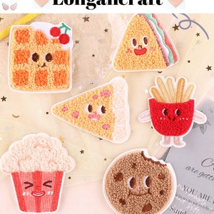 May include: Six embroidered iron-on patches featuring various food items with cute faces. The patches include a waffle, a sandwich, a pizza slice, french fries, popcorn, and a cookie.