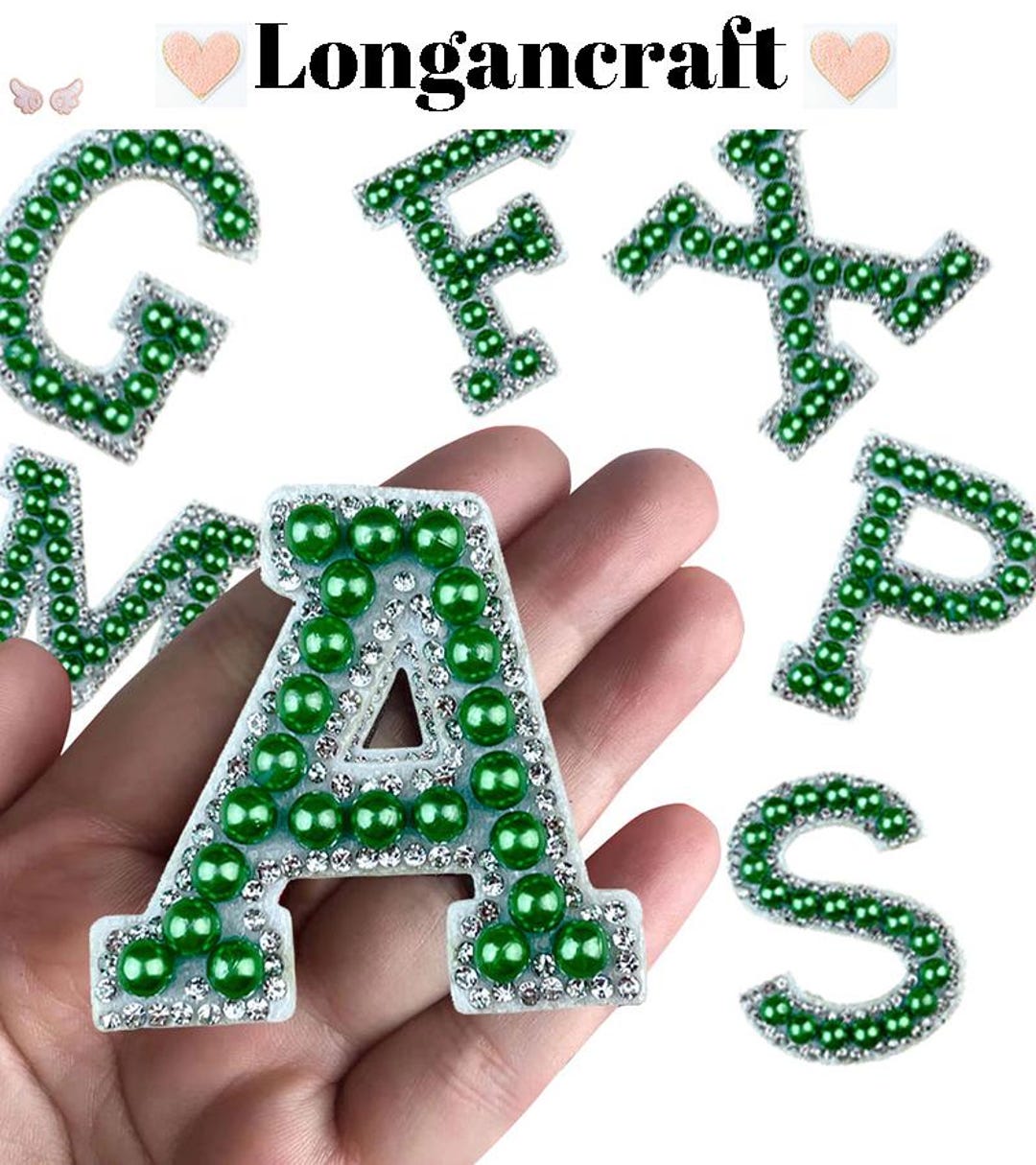 1.8 Inch Green Rhinestone Alphabet Iron on Patch, DIY Letter Applique ...