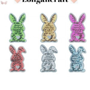 Rabbit Sequin Iron On Patch, Bunny Embroidery Applique, Glitter Easter Patches