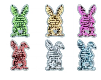 Rabbit Sequin Iron On Patch, Bunny Embroidery Applique, Glitter Easter Patches