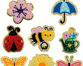 Flower Butterfly Chenille Glitter Patch, Bee Patch, Gold Glitter Embroidered Patch, Iron On Patches