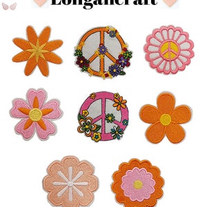 May include: Nine embroidered iron-on patches featuring peace signs and flowers in orange, pink, and yellow colors. The patches are perfect for adding a retro, hippie vibe to clothing, bags, or other accessories.