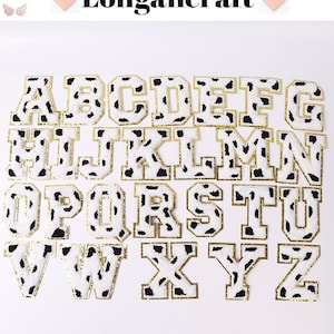 Parche bordado de chenilla con purpurina dorada de 3.1 pulgadas, diseño de vacas (A-Z), parche con letras brillantes, parches termoadhesivos, parches con estampado de vacas