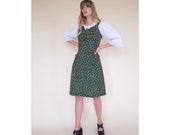 Vintage 1970s Prairie Dress Pinafore Black Floral Daisy Print MIDI Length Sleeveless Waist Tie Cottagecore S 8 10 4 6 Laura Ashley Gunne Sax