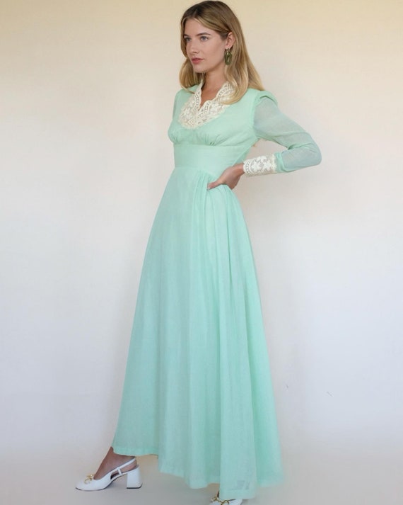 Vintage 1970s Mint Green Maxi Dress Long Sleeve L… - image 2