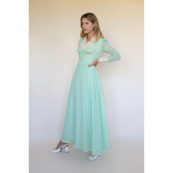 Vintage 1970s Mint Green Maxi Dress Long Sleeve L… - image 1