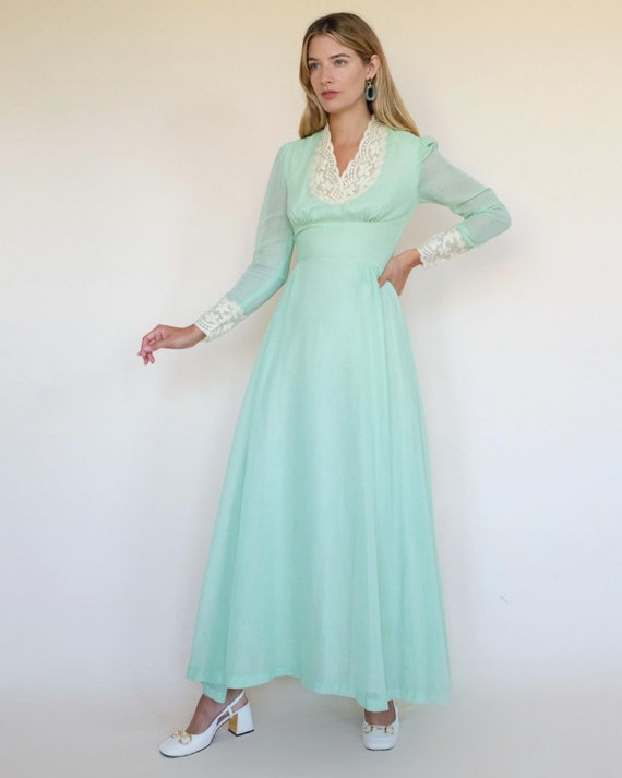 Vintage 1970s Mint Green Maxi Dress Long Sleeve L… - image 4