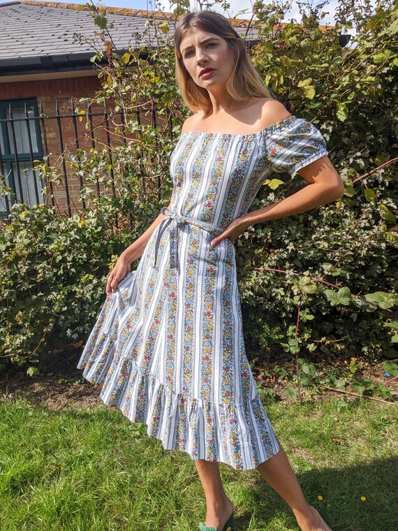 Vintage 1950s Botanical Print Prairie Dress Midi L