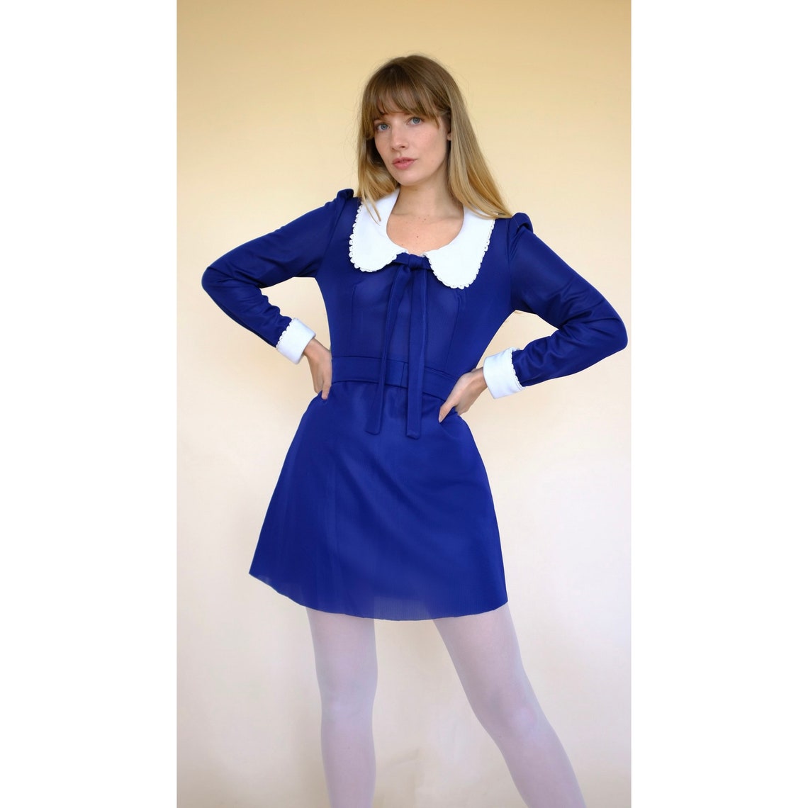 Vintage 60s/70s Navy Blue Mini Dress White Collar Cuff | Etsy