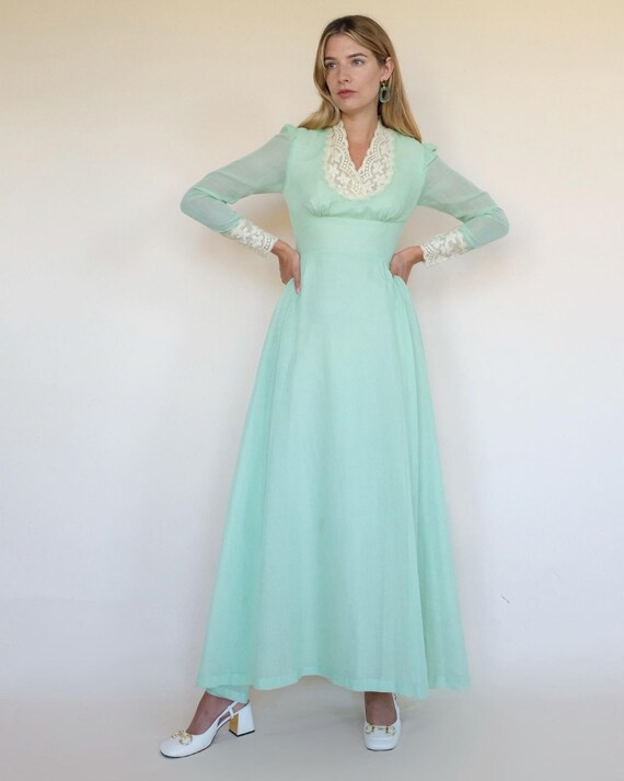 Vintage 1970s Mint Green Maxi Dress Long Sleeve L… - image 3