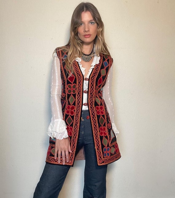 Vintage Antique Embroidered Waistcoat Velvet Longline Hippy | Etsy