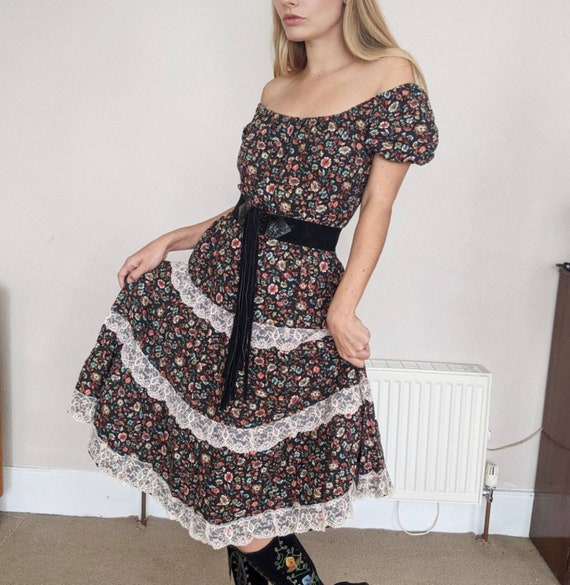 Vintage 70s Black Floral Ditsy Print Midi Dress Pu