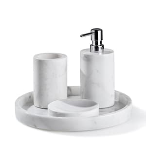 White Marble Bathroom Set with Round Tray: 4-Piece Natural Stone Decor