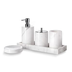White Marble Bathroom Set with Tray - 5 Piece Volakas Marble Decor