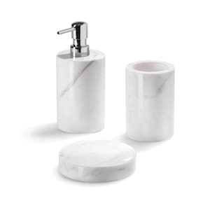 White Marble Bathroom Set: Soap Dispenser, Dish, Toothbrush Holder