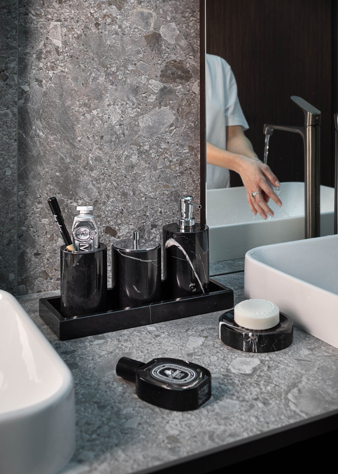 Luxury Black Marquina Marble Bathroom Set With Tray, Natural Black ...