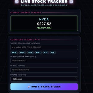 May include: A digital interface for a Live Stock Tracker ESP32-C3 OLED Ticker & Cyber Dashboard. It displays current market data for NVDA at $227.52, with input fields for target stock tickers, Wi-Fi network name, Wi-Fi password, and update interval.