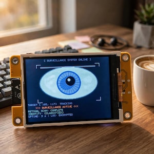 May include: A rectangular electronic display module with a yellow frame showing a digital graphic of a blue eye. The screen displays text including SURVEILLANCE SYSTEM ONLINE, TARGET, TRACKING, SURVEILLANCE ACTIVE, RETINAL SCAN COMPLETE, and IDENTITY CLASSIFIED.