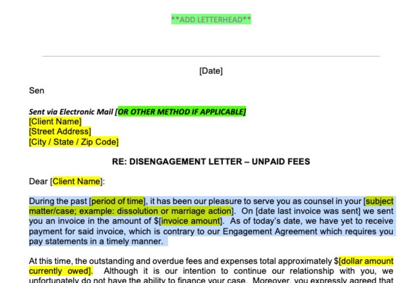 Disengagement Letter for Attorneys Terminating Representation for