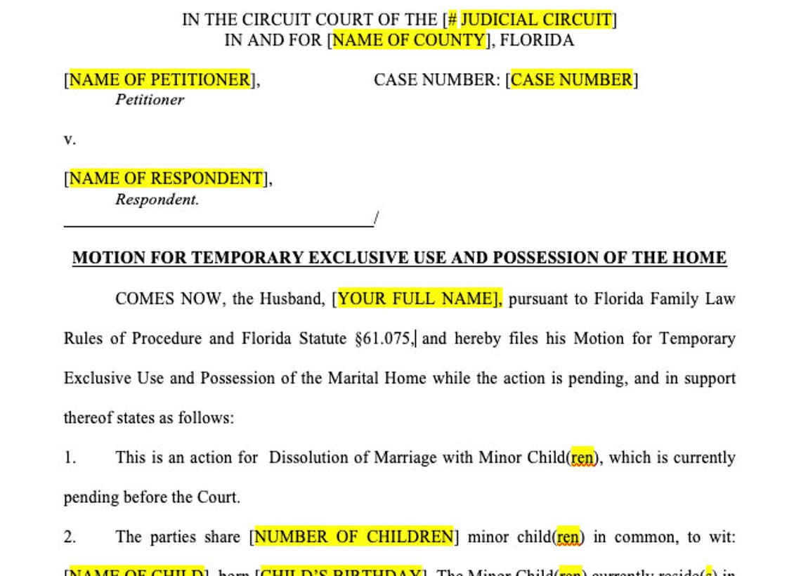 Motion for Exclusive Use and Possession of the Marital Home FLORIDA