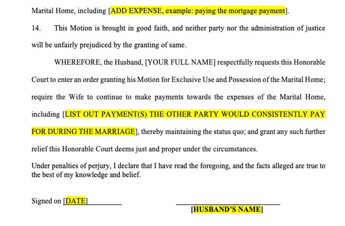 Motion for Exclusive Use and Possession of the Marital Home FLORIDA