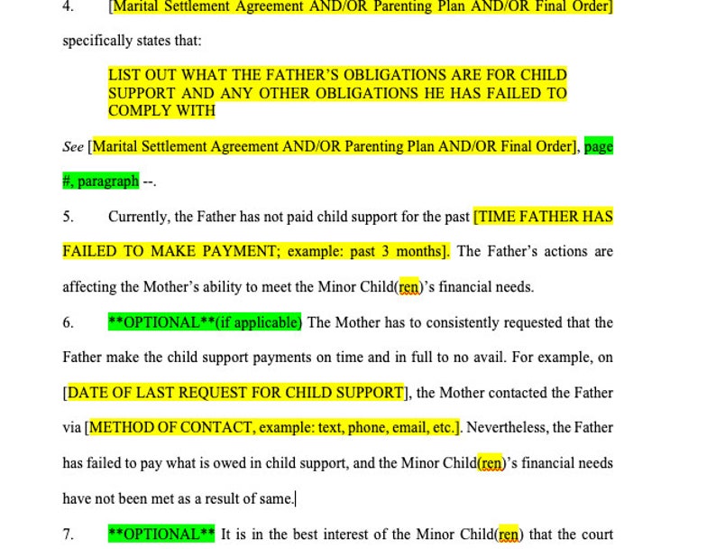 Motion to Enforce Child Support Payments Father's Failure to Pay Child