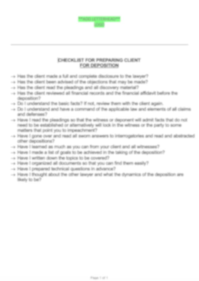 Legal Deposition Preparation Checklist Deposition Guide for Attorneys Legal Deposition Preparation Checklist Deposition Guide for Attorneys