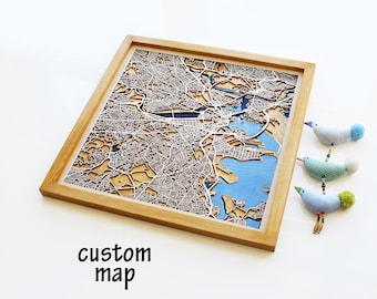 Custom Wooden City Map: Laser Cut Wood & Epoxy Resin Art