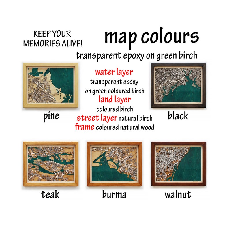 Pode incluir: Seis molduras de madeira com diferentes acabamentos de madeira colorida, cada uma exibindo um mapa com uma camada de &aacute;gua verde, uma camada de terra marrom e uma camada de rua branca. As molduras s&atilde;o rotuladas com os tipos de madeira: pinho, preto, teca, birm&acirc;nia, noz. O texto "map colours" e "transparent epoxy on green birch" &eacute; exibido acima das molduras.