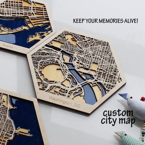 Mapa de la ciudad de Washington D.C. en madera 3D personalizado: arte de pared hexagonal cortado con láser: decoración y obsequio de viaje exclusivos de la capital de EE. UU.