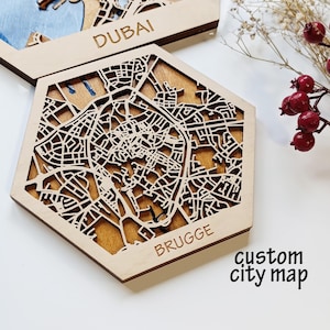 Mapa de madera 3D personalizado de Brujas: mapa de la ciudad hexagonal cortado con láser para pared: decoración de viaje personalizada de Bélgica e idea de regalo única