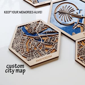 Detaillierte 3D Laser Cut Stadt Karte von Amsterdam - Einzigartige Sechseckige Wandkunst aus Holz mit Grachten Grachten - Perfektes Geschenk und Wohndekor