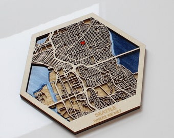 SEATTLE City Map Wall Art Home Décorations, City Map Combines, Travel Wall Hangings, Wood and Epoxy Resin